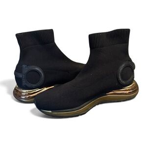 Salvatore Ferragamo Gancini Black Gold Sock Sneakers 8 Shoes Holiday Gift Ready
